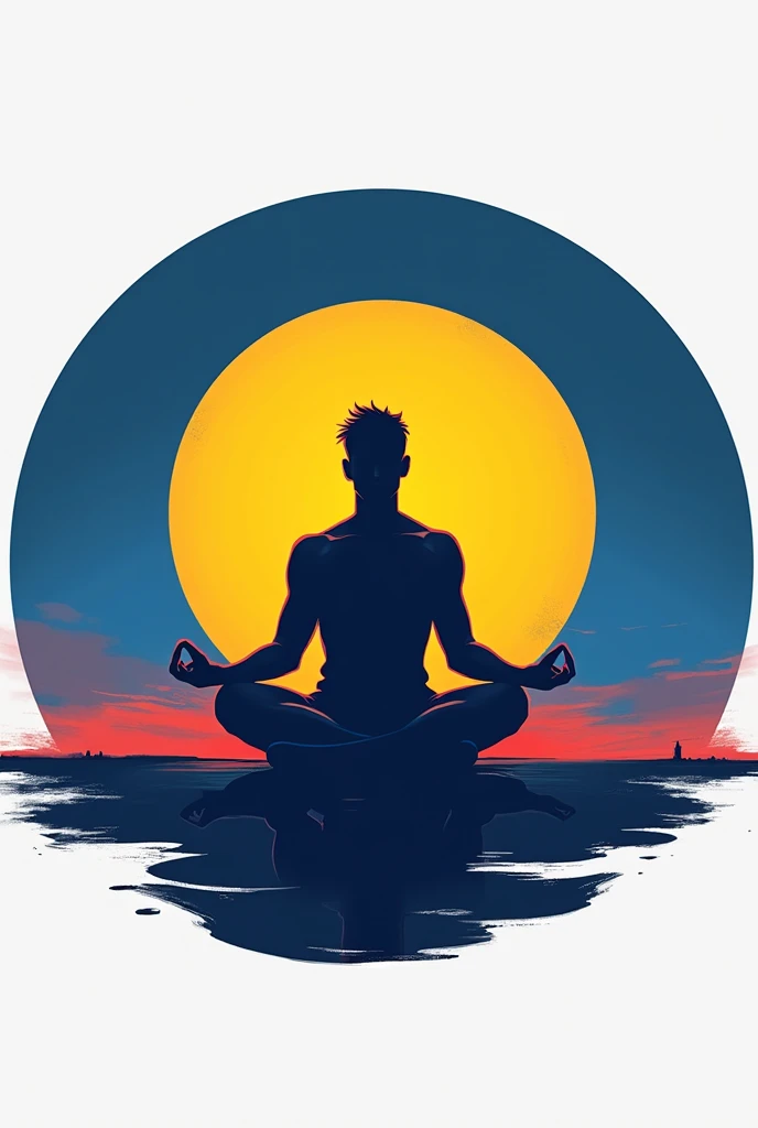 Blue and red round football style logo, and a man meditating, a yellow outline 