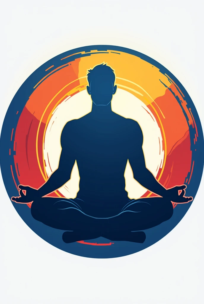 Blue and red round football style logo, and a man meditating, a yellow outline 