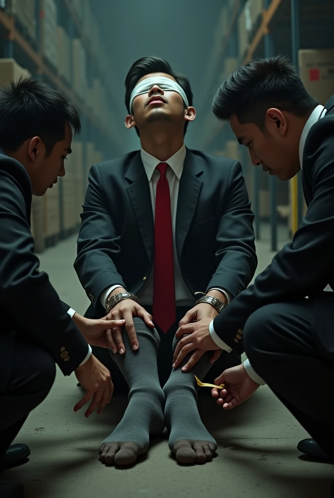 Malaysia malay handsome 21 years celebrity
His handcuff in warehouse
Blindfolded
Black Suit and Red tie
feet on desk
feather
shoes on desk
5 toes each feet
Grey sock
Smock effect smelly sock
1 man sniff his socks
1 another man tickling his feet using feather
He laugh very hard