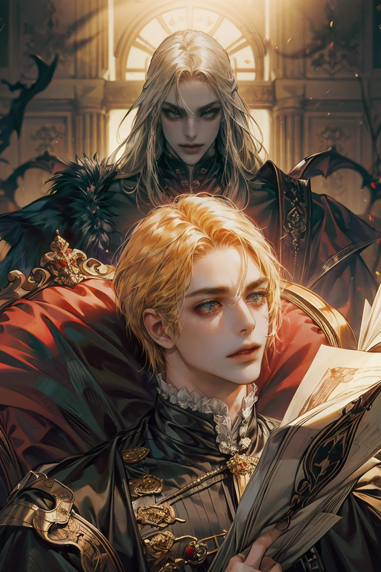 Castlevania Lords of Shadows A highly realistic and highly detailed scary Lord Dracula sits on a grand throne with his legendary Moroccan princesses.. Reading a large scroll with a red expression of anger. Bright eyes Very realistic face Very detailed portrait Dynamic shot Focused movie scene Scene movie Grand legendary Hokutonoken style movie