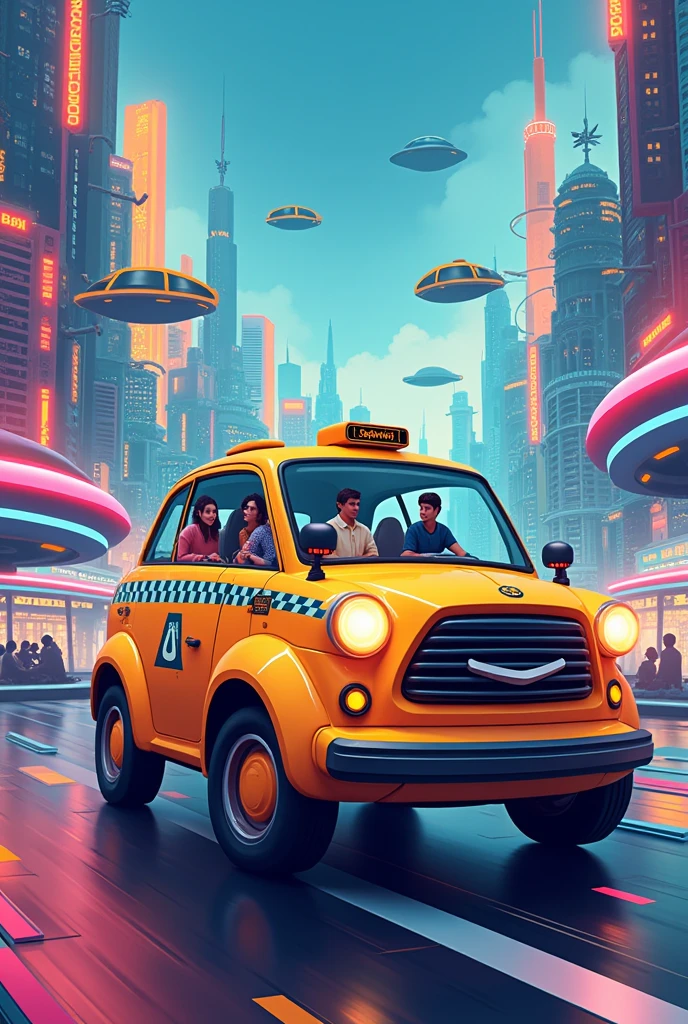 Create a fun drawing of a driverless taxi 