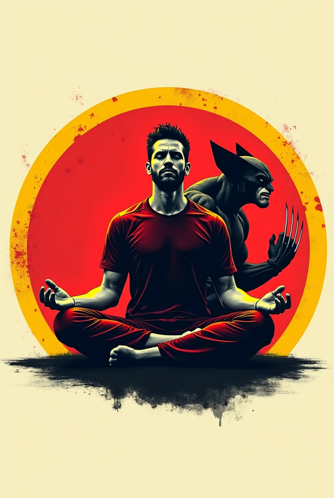 Logo rond rouge et noir style football, et un homme qui médite et Wolverine marvel, un contour jaune
