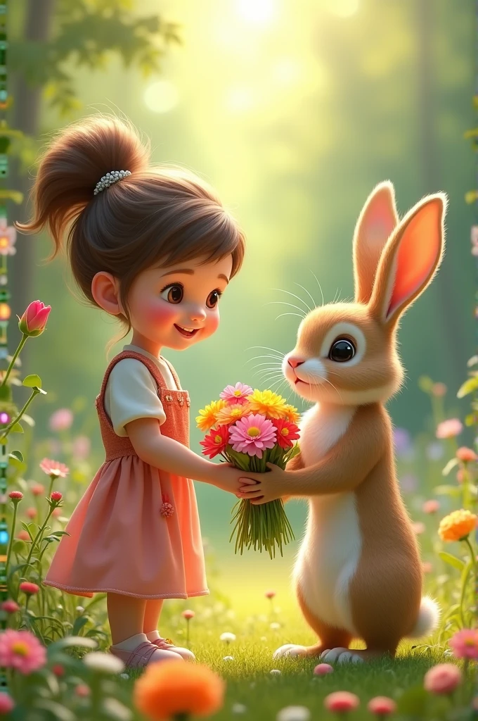 The rabbit brings colorful flowers to the girl, and the girl smiles happily.