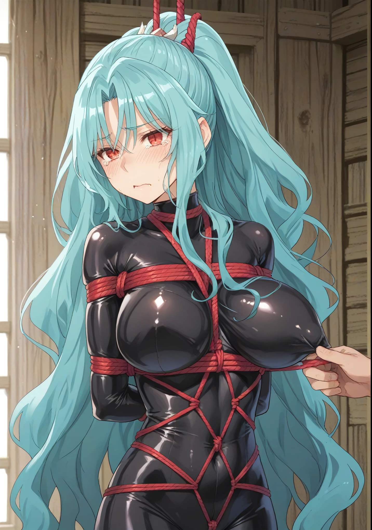 long hair aqua hair ponytail red eyes, slit pupils, big breast,shibari,black latex fullbody suit,tears flowing,purple blush,roling eyes,hanged on the rope,rope around neck