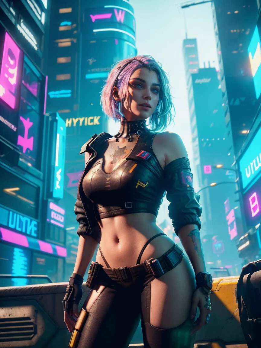 2 cyberpunk girl in a colorful Harajuku pop outfit, Cowboy shot, the wind, Real Pile, big blue eyes, 8K, 1 / 2 body crop, thigh gap, camel toe, a perfect face, the perfect body, messy hair, Highly detailed eyes, Highly detailed face, ((Cyberpunk 2077 cityscape)), (Cyberpunk aesthetics and atmosphere:1.3), Bright colors, Smiling, ((Cinematic lighting)), (intricate details:1.2), (hdr, hyperdetailed:1.2), (natural skin texture, hyperrealism, soft light, sharp)