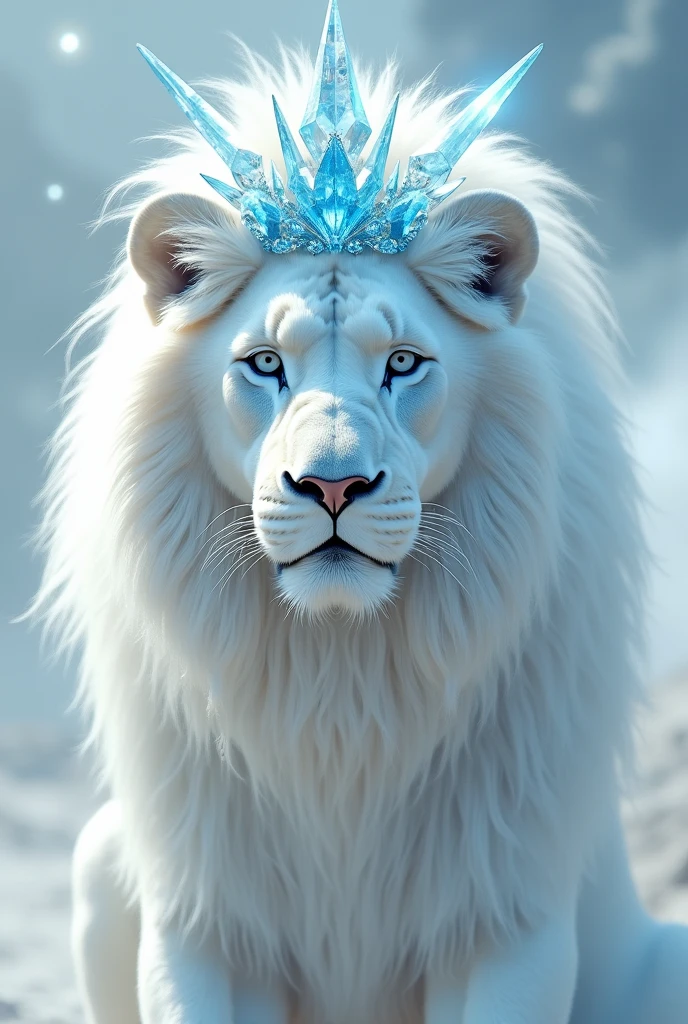 Generate a white lion with a crystal crown with blue details ultra realistic 8k full hd with a bright light on it 