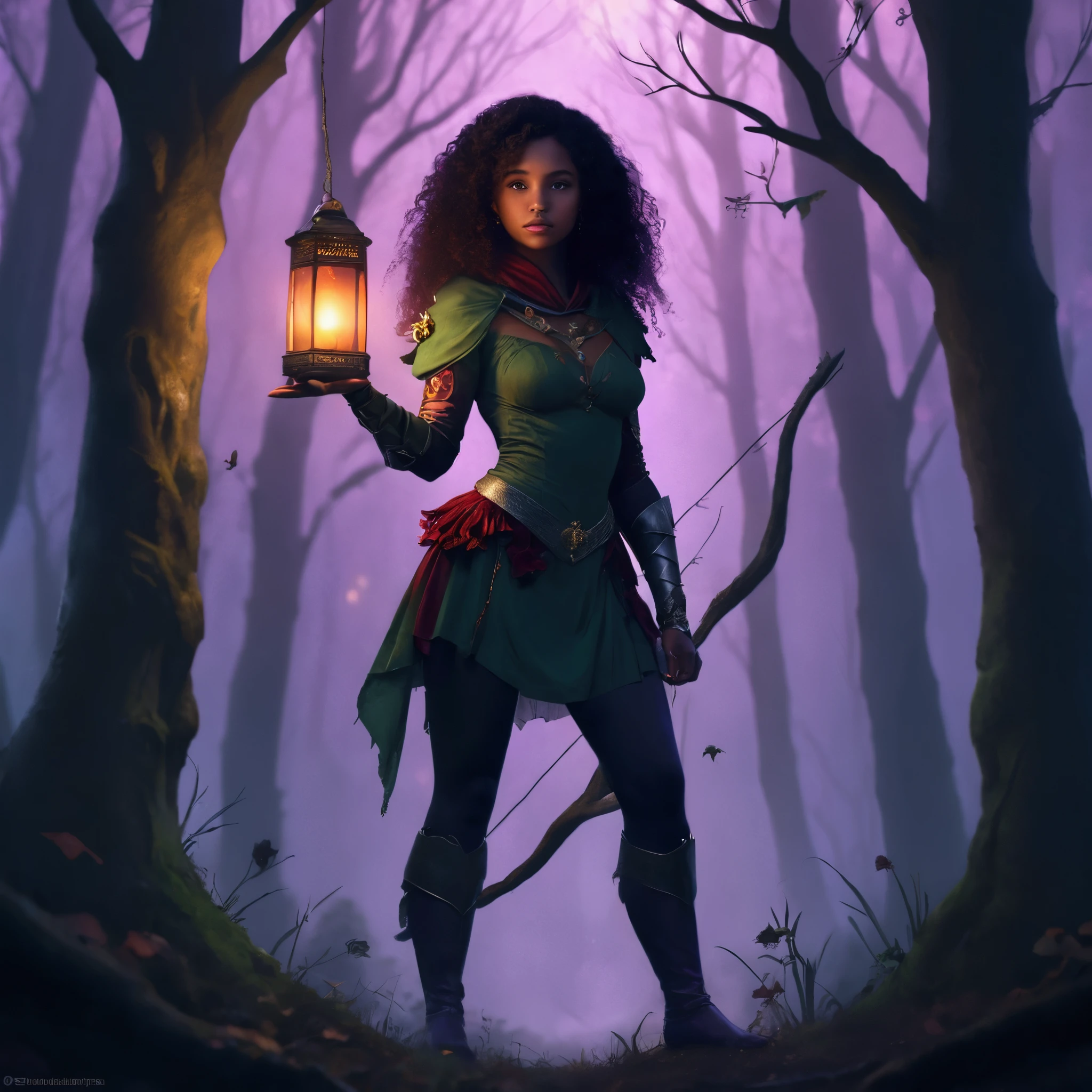 a tall build girl, 1, brown skin, stunning heterochromia eyes (one red, one purple), a cute snub nose, plump lips, natural eyebrows, wearing a green dress with printed white roses, a red cape that hangs from her shoulder and flows down to her feet, a dragon-shaped silver-gold bracelet that wraps around her right hand and up to her neck, standing in the middle of an eerie dark forest with lanterns hanging from the trees, dark and eerie fantasy aesthetic, (best quality,4k,8k,highres,masterpiece:1.2),ultra-detailed,(realistic,photorealistic,photo-realistic:1.37),HDR,UHD,studio lighting,ultra-fine painting,sharp focus,physically-based rendering,extreme detail description,professional,vivid colors,bokeh,dark fantasy,cinematic lighting