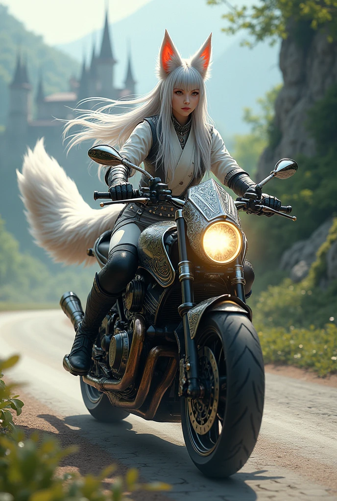Create a female kitsune character with a 9-tailed fox tail on top of a medieval motorcycle RPG