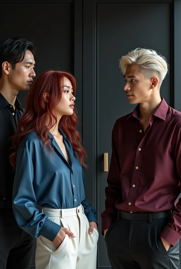 Two male models stand to the sides of a female model. The female is 170 cm, medium-long vibrant maroon wavy hair, pale skin, wearing a blue silk blouse and white pants. One male is 190 cm tall, 2, with short black bowl cut wavy hair, side swept bangs, wearing a dark red dress shirt and black pants, Chinese features. The other shorter male is 181 cm tall, 2, short platinum blond hair, side swept bangs, light skin, wearing a black and yellow gothic outfit, Icelandic features. The three of them are talking inside a modern black kitchen with some French inspiration. Cinematic shot.