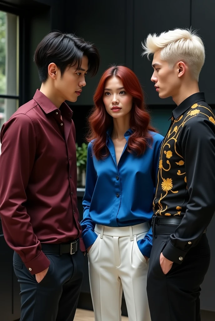 Two male models stand to the sides of a female model. The female is 170 cm, medium-long vibrant maroon wavy hair, pale skin, wearing a blue silk blouse and white pants. One male is 190 cm tall, 2, with short black bowl cut wavy hair, side swept bangs, wearing a dark red dress shirt and black pants, Chinese features. The other shorter male is 181 cm tall, 2, short platinum blond hair, side swept bangs, light skin, wearing a black and yellow gothic outfit, Icelandic features. The three of them are talking inside a modern black kitchen with some French inspiration. Cinematic shot.