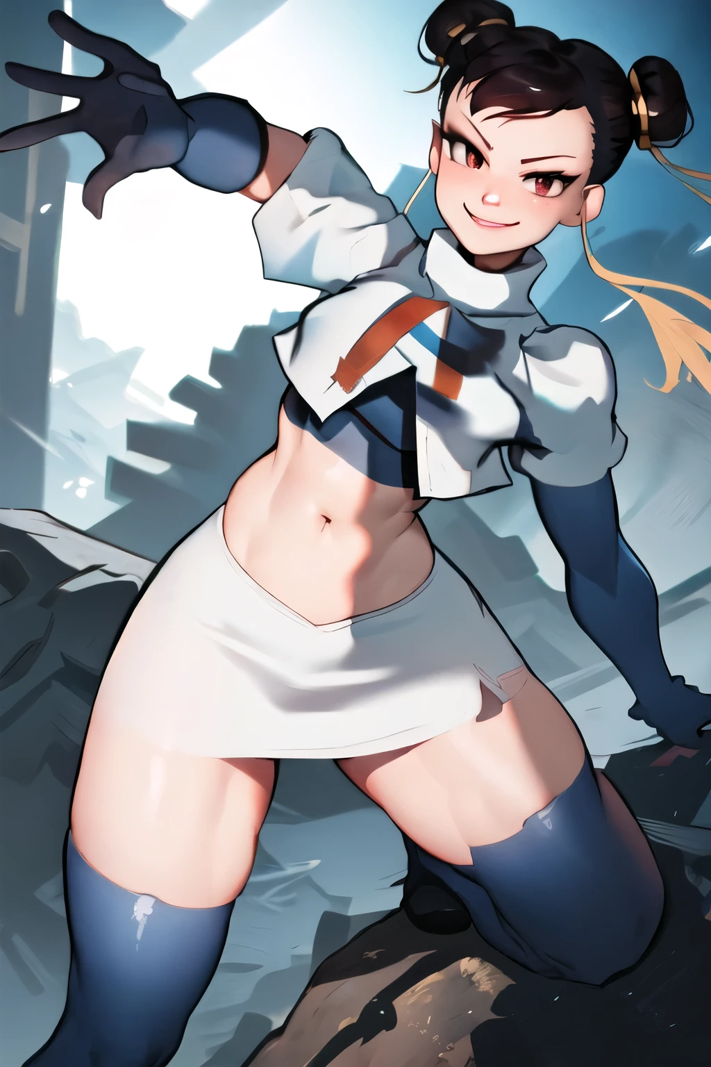 chun li, team rocket uniform, red letter R, white skirt,white crop top,black thigh-high boots, black elbow gloves, evil smile, sexy poses