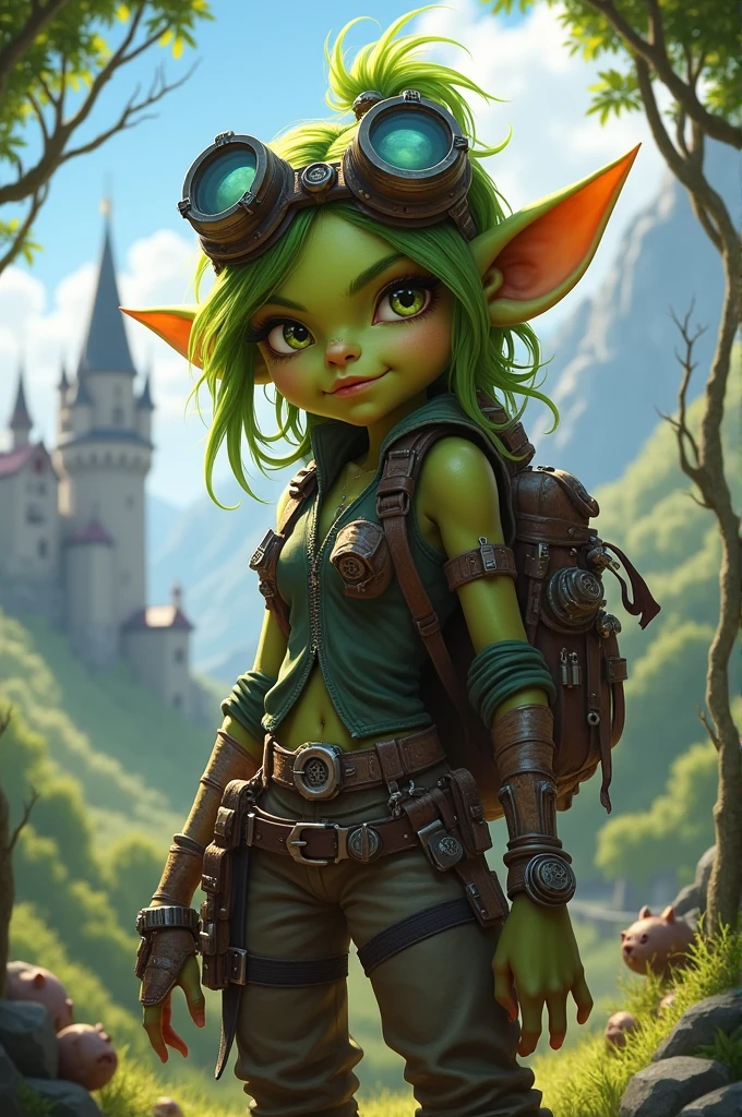 Medieval fantasy green skin goblin teenager rebel girl artificer with googles on head
(Like Tristana of League of Legends)