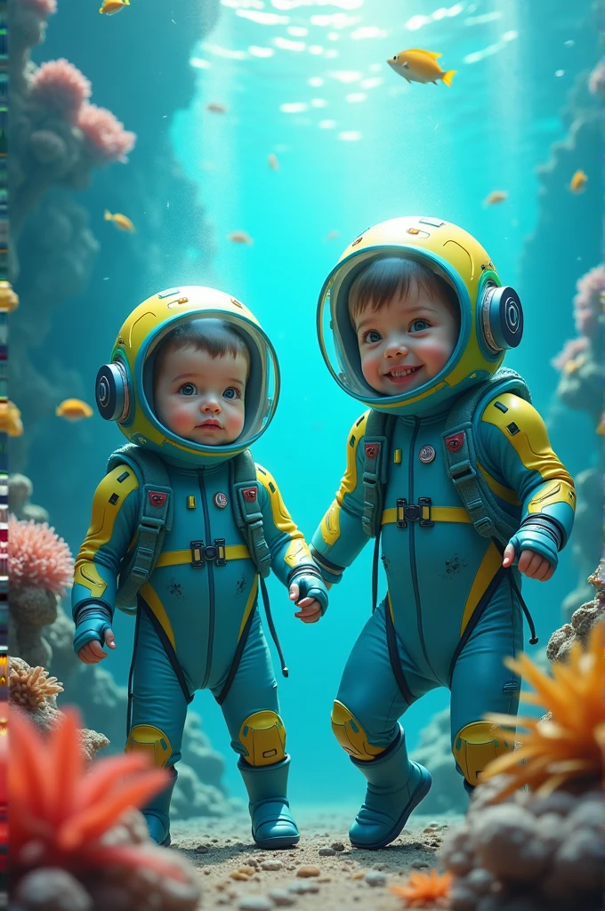 Two babies in diving suits 