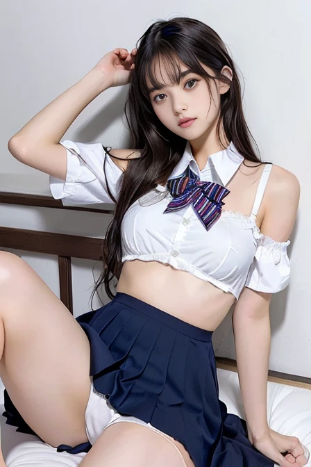 Frightened expression, Tattered uniform, torn uniform to underwear, bra and panties exposed, torn uniform, (A girl lying in bed), off-the-shoulder, Woman in white lingerie posing in bedroom, Touching her clothes, Characters are in natural poses, Surreal school girl, Attractive pose, Revealing clothing High resolution, masterpiece, High-resolution model, high quality, 最high quality, Very detailed, Textured skin, (((Disheveled High School Uniforms)))