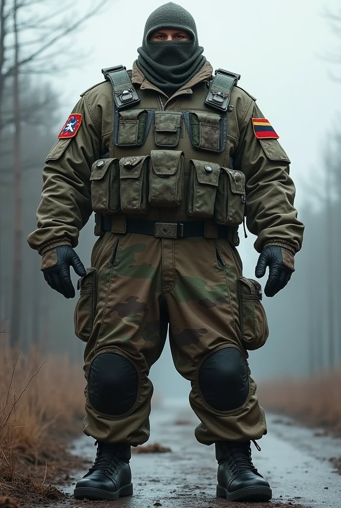 ultra realistic 8k, A white man. Heavy Infantry Army Soldier(ultra reslista). He wears a camouflage balaclava . Muscular and corpulent physique of 2,30 meters high(Realist 8K). He wears a uniform of the heavy infantry of the Russian army.(Realist 8K).