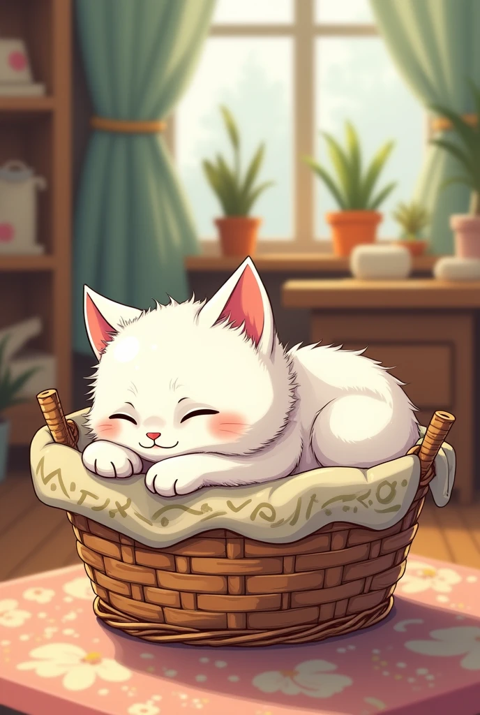 Un petit chaton tout blanc avec les yeux fermés. Un petit museau rose dans un joli panier avec un coussin étant en train de dormir ayant leur paisible dans un style graphique. Bande dessinée 2D le panier doit sembler être à l'intérieur d'une maison les traits de crayon doivent être perceptibles et les couleurs plutôt vives le panier et la maison doivent être aussi. Dessinés dans un style bande dessinée on doit avoir l'impression que c'est dessiné à la main