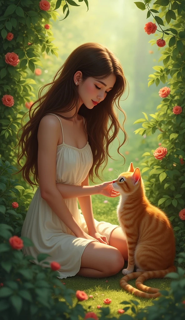 Lily sitting in front of orange cat in the bushes