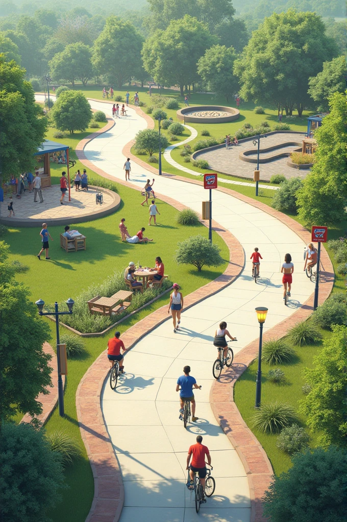 A part with walking track , cycling track , Remote control car area cafe and sitting with traffic rules sign all around 