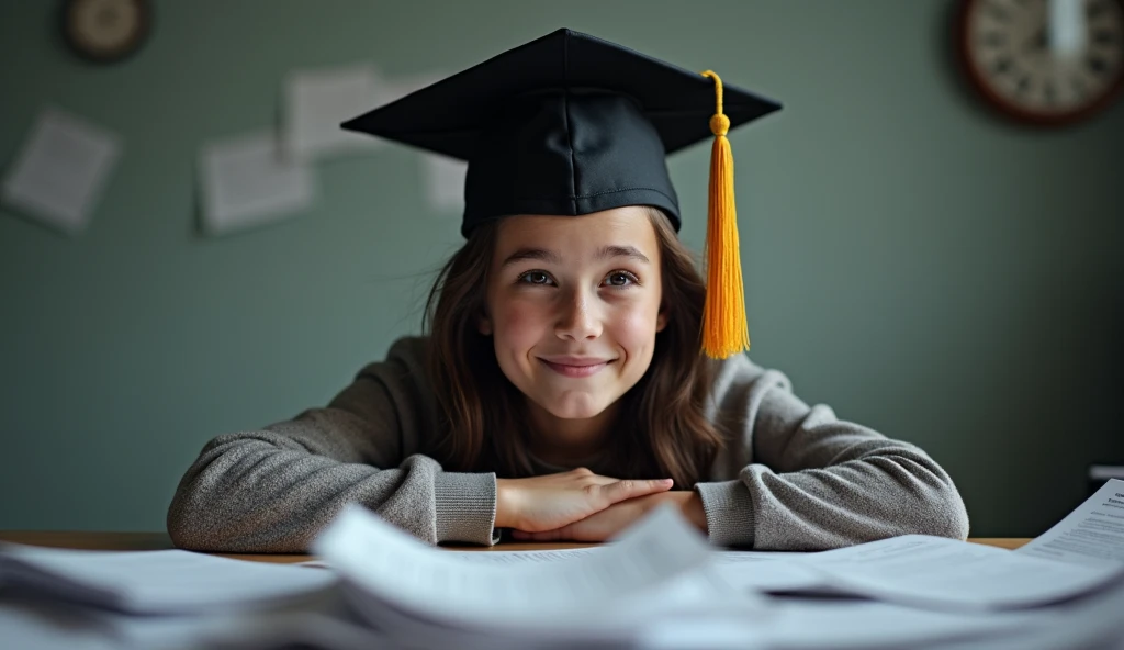 "A young person hopeful but surrounded by loan paperwork"
A person sitting at a desk, looking hopeful with a graduation cap, but the desk is covered in a mountain of student loan documents, obscuring the bright future they had imagined.