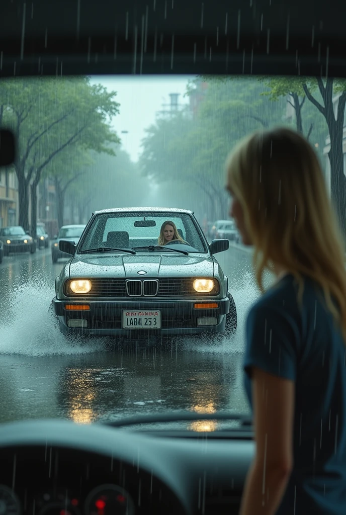 a blonde woman is driving her car in a rainstorm and driving over a puddle of water and wetting a woman who is taking shelter from the heavy rain under a canopy on the sidewalk. The car is coming from the front and you can see the angry face the blonde woman is making when she gets the woman wet.