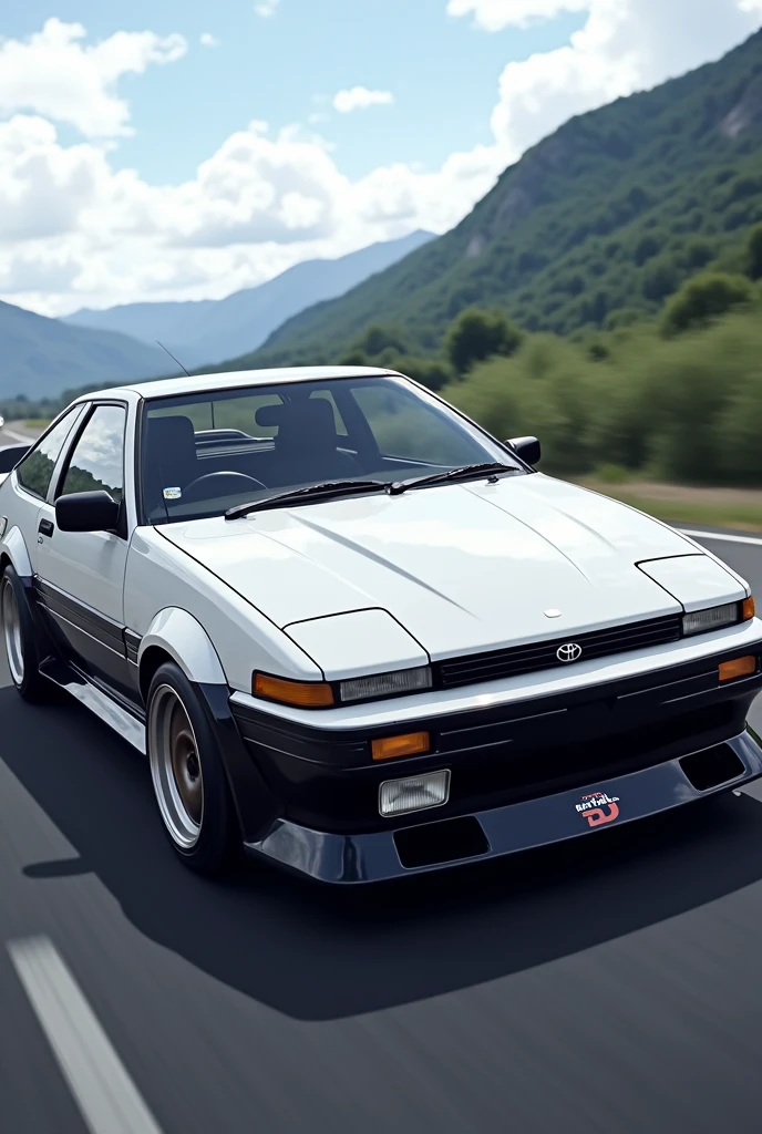 automobile, ae86 black hood and a black bottom line with the entire car white, from the initialD. drift.