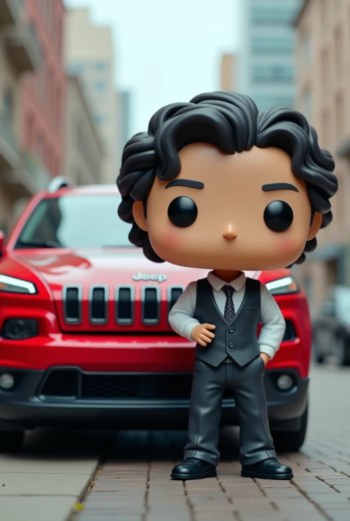 Young white-skinned male architect with curly wavy black hair next to a red 2016 Jeep Cherokee funko pop version