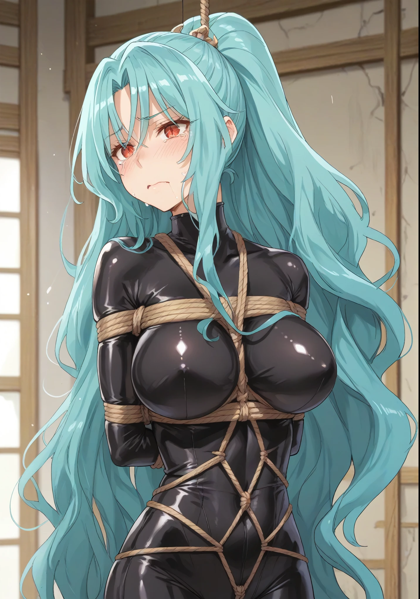 long hair aqua hair ponytail red eyes, slit pupils, big breast,shibari,black latex fullbody suit,tears flowing,purple blush,roling eyes,hanged on the rope,rope around neck