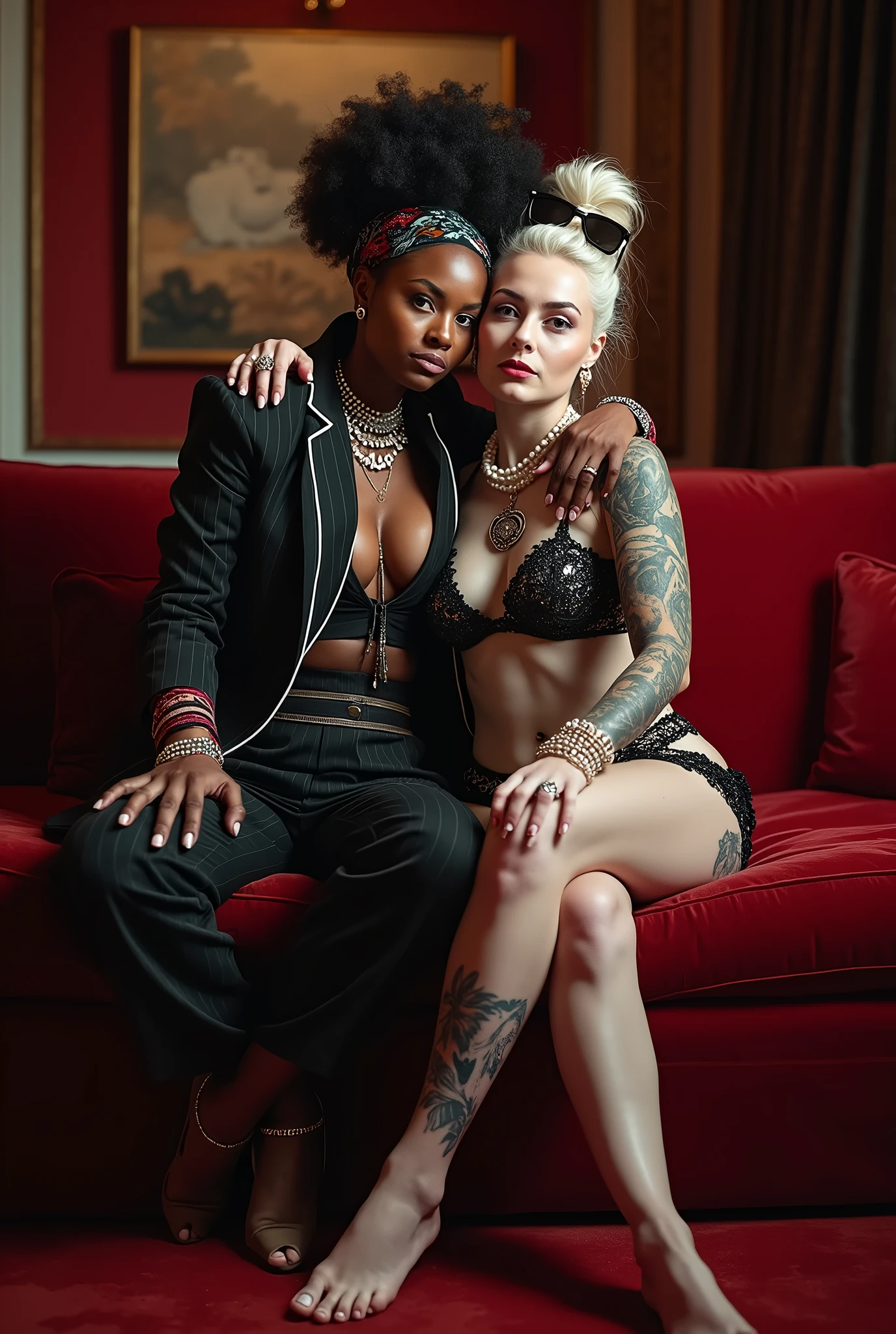 Two russian old milf women: the dominant aggressive dark skinned black woman in business pinstripe suit (jacket and trousers), long nails and afro hair, sitting on the center of a dark red sofa with possessive stance (arm around her girlfriends' shoulders squishing her tightly, touching the neck of the white woman with her other hand, like a predator on her prey). Next to her, her white rich drunk girlfriend looks at the camera (white woman is very pale: pale face, pale neck, pale chest, pale arms, pale hands, pale stomach, pale leg), white woman stretches her neck, and looks at the camera feeling overwhelmed by her girlfriend. white woman is shy and submissive, feeling dizzy and needy white woman is being seduced. White woman separates her legs, White woman"s back is arched down, wide open legs. White woman dresses in rock chic style: Black shiny studded thong with white seams, platinum blonde hair (pouf, top messy bun, colourful bandana as headband) and oversized square sunglasses as headband. Big lips. Black studded lace push up bra, big breasts. Barefoot.. Lots of thick wide studded bracelets in the wrists of the white woman, big pearl necklaces around the necks of the white woman, and big rings, Pearl earrings. Loose chains and studdedbelts around the hips of the white woman. White woman holds a glass of champagne White woman is lazy, leaning back and forward, and arching down her back.. The white woman is densely tattooed on neck, tattoed chest, tattoed arms, tattoed stomach, tattoed legs, wrists and feet. White woman havs well Toned abdominals, thin neck, slim legs and thin arms. Narrow hips. The body of the white woman is twisted in a lazy posture. Full body. On the dark red sofa of an expensive apartment of NYC, two bottles of champagne on the floor. Good illumination