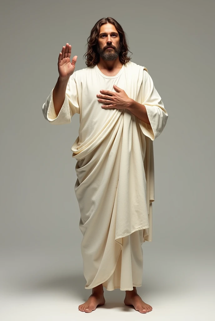 realistic full body image of Jesus of Nazareth. He is standing, barefoot with white tunic. Your gaze is serene, face raised and frontal. Perfect eyes and face. His right hand raised in a blessing position and his left hand on his chest
