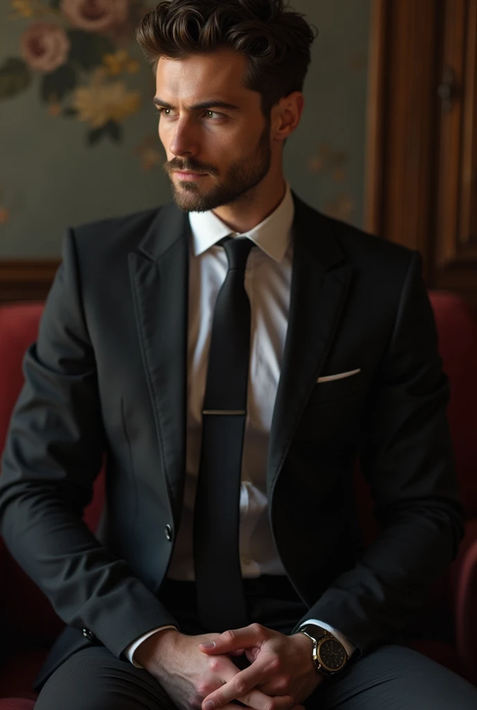 Men,suit, musucel, sitting, penis, showing off his dick