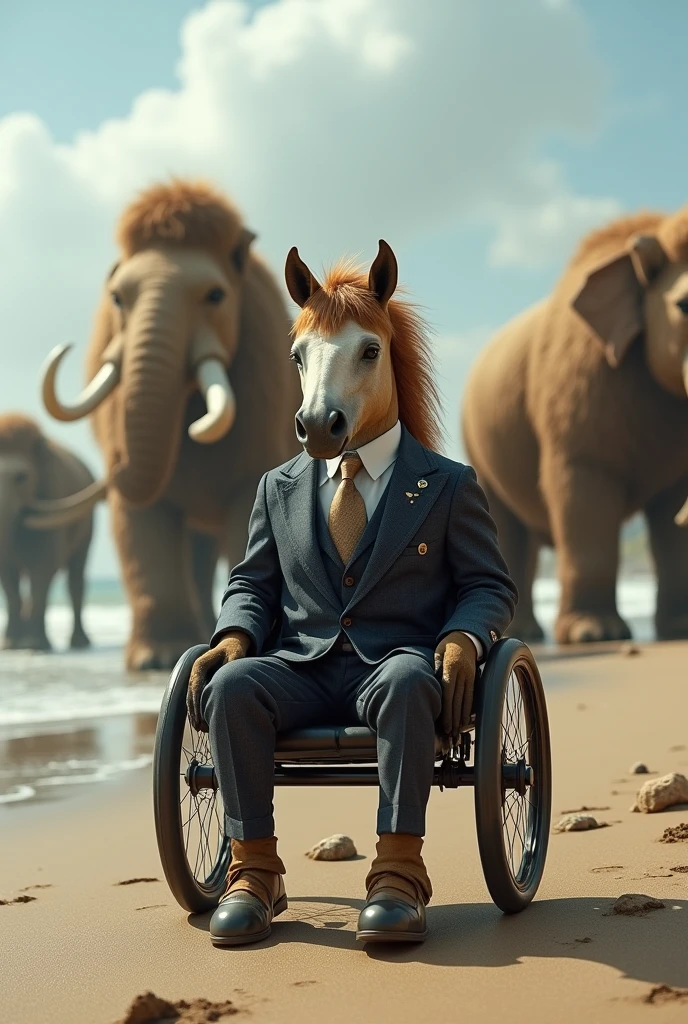 Create an image of a wheelchair-bound dwarf horse in a suit in the middle of a beach infested with mammoths. 