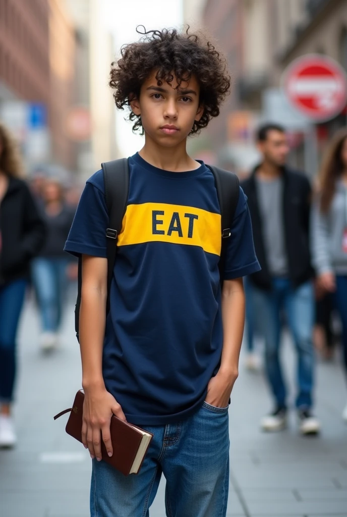 A ager in a busy urban center. curly and black hair. with blue jeans, White sneakers. navy blue shirt, with a yellow horizontal stripe at belly level. Inside the stripe, the letters EAT. He looks at the camera with a defiant look. He has a Bible in his right hand and the other is in his pocket..