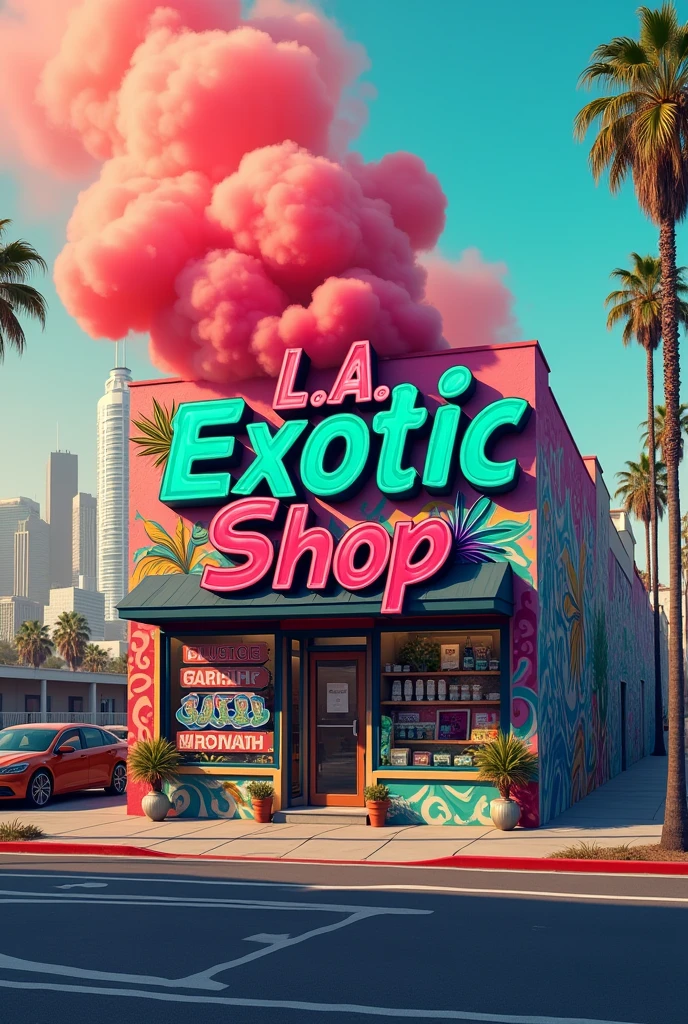 J’aimerai un fond dans Los Angeles avec de la fumée je voudrai qu’il y est écrit ( l.a exotic.shop) de façon moderne version graffiti avec un énorme joint de fumée derrière 