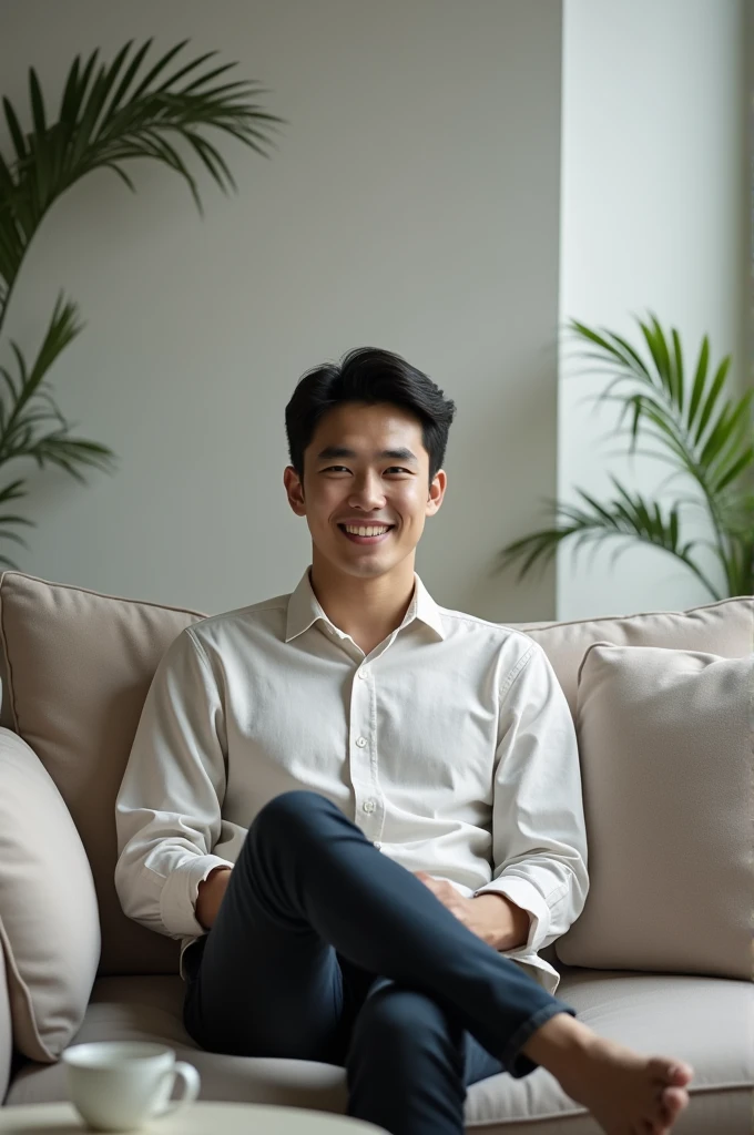 make a photo of a korean guy sitting on a sofa