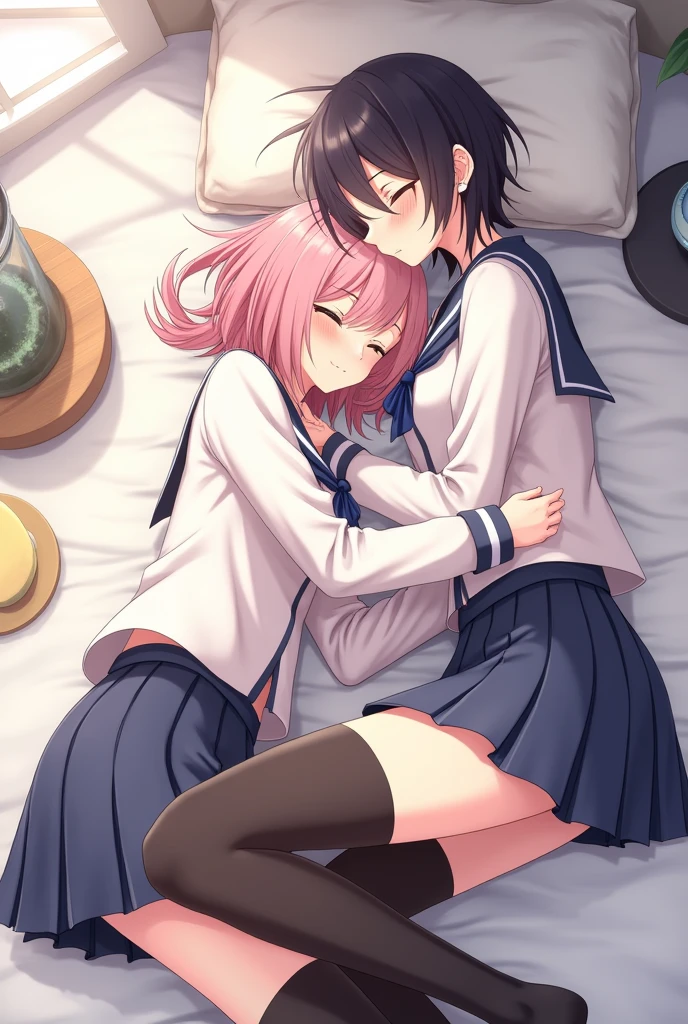 A cute anime femboy laying down on another femboy  lap both wearing femboy skirt school uniform and tights and touching his cute thighs and holding his legs like a baby