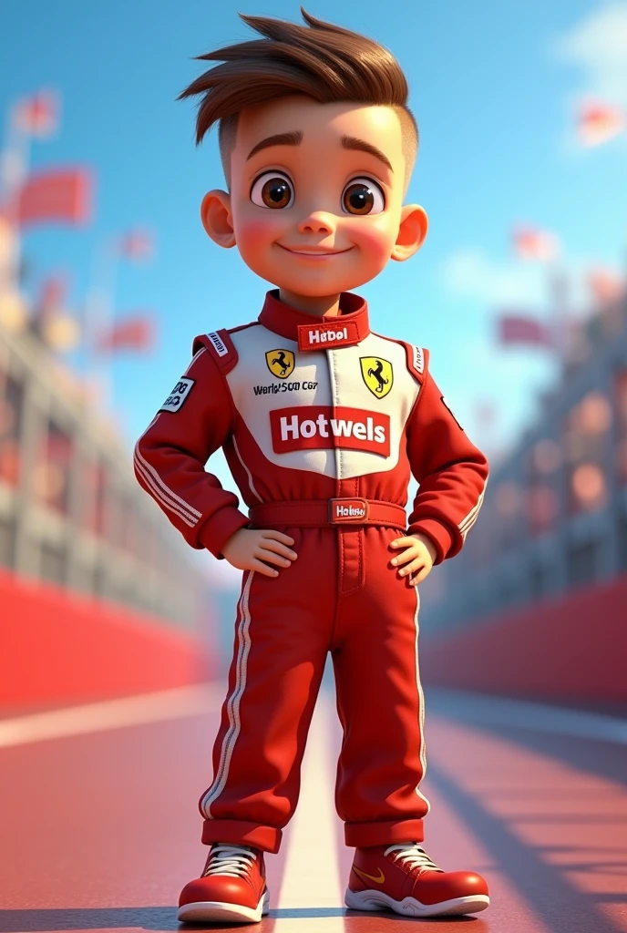 Create a full-body animated image of a boy, with beautiful face, big brown eyes, hair shaved on the sides and short on top, light brown color, beautiful smile with semi-thin lips, hootwels racing racer dress with red overalls, that has the racing lines on the uniform, Long pants, where you can see their hotwels brand shoes