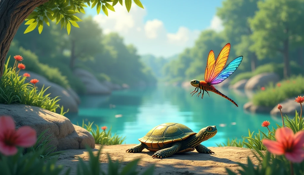 One day, while turtle Tita rested on a rock in the sun, A dragonfly named Lila landed next to her. Lilac was bright and colorful, with wings that sparkled in the sun. 
