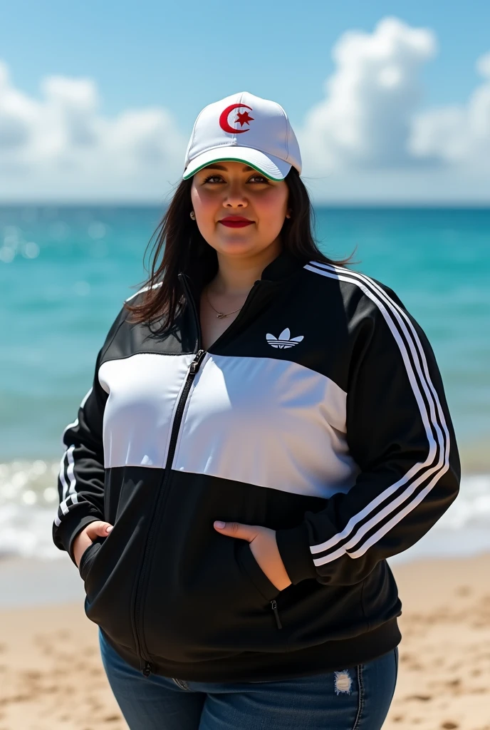 Fat woman wearing white and black adidas jacket, baseball cap embroidered with Algerian flag, blue sea beach background