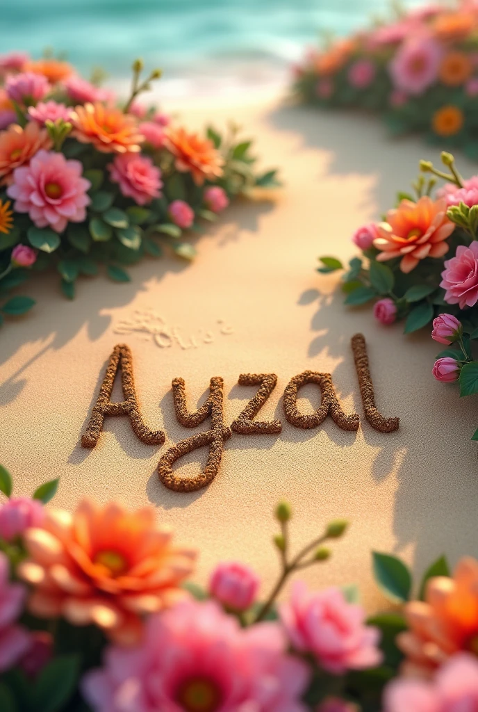 My name Ayzal written on sand with lots of flowers, 8k high quilty