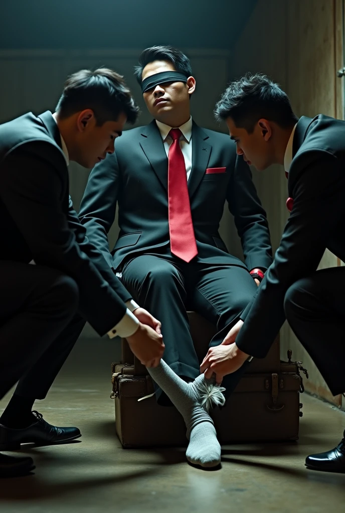 Malaysia malay handsome 21 years celebrity
His handcuff  in warehouse 
Blindfolded
Black Suit and Red tie
feet on desk
feather
shoes on desk 
5 toes each feet 
Grey sock
Smock effect smelly sock
1 man sniff  his socks
1 another man  tickling his feet using feather
He laugh very hard