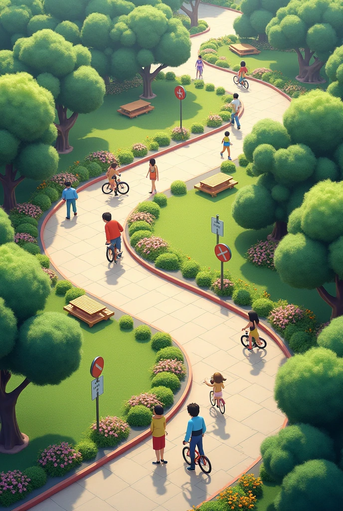 A  complete park with walking track , cycling track , Remote control car area cafe and sitting with traffic rules sign all around 