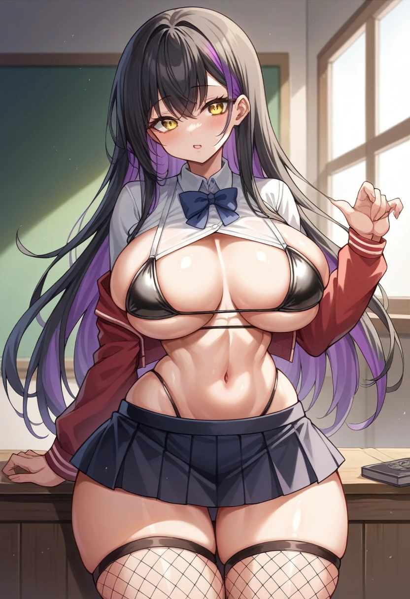 A girl, E-girl, alternative girl, childish face, small, short, low height, she has an unrealistic slender bulky body, unrealistic body, , extremely giant and voluminous breasts, extremely giant and voluminous breasts, extremely thick and voluminous thighs, fat thighs, toned hips, extremely wide and voluminous hips, , thin waist, big, voluminous hairl, she has long, wavy black hair with purple highlights , yellow eyes, she is wearing a Japanese school outfit, revealing clothes, short skirt, cute, cute face, she is wearing fishnet stockings , top view of it