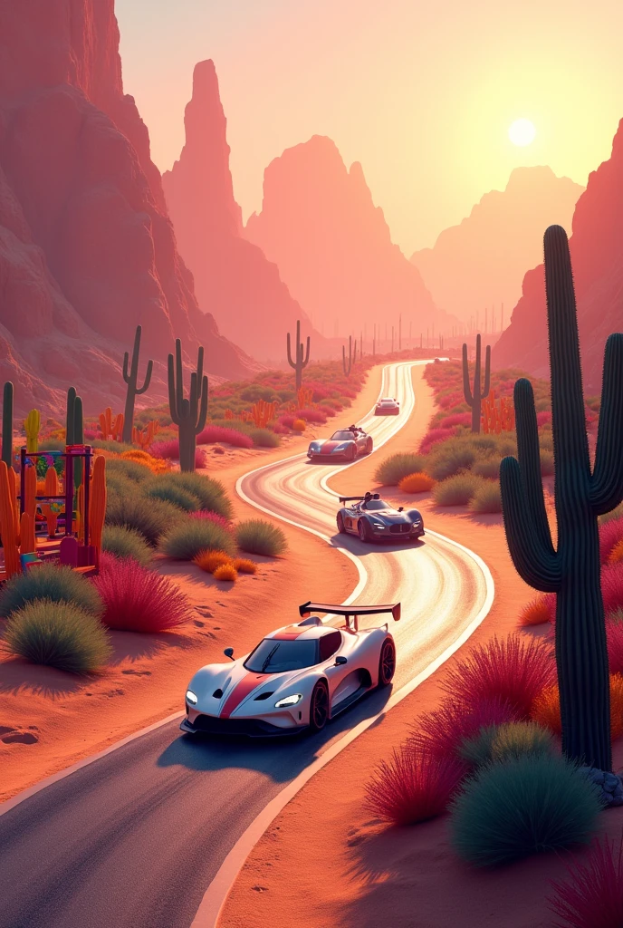 Create a racing track with fashionable cars in the Mexican desert, they are driving forward in the background, against the background of mountains, cacti. There is a playground in the foreground. Everything is in golden pink tones.