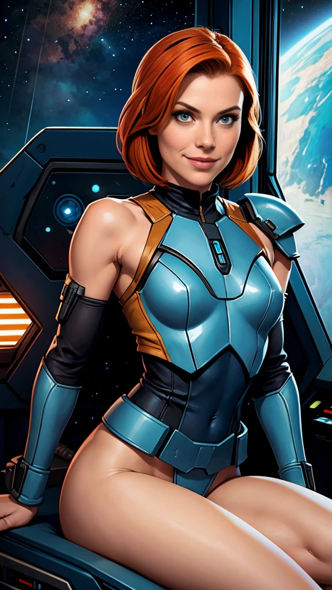 Bo Katan from Star Wars, short straight ginger hair, naked, partially nude, Mandalorian Armor, small perky breasts, Sexy pose, sitting against the window with legs spread, pubic hair, clitoris, labia lips, smile, space ship cockpit