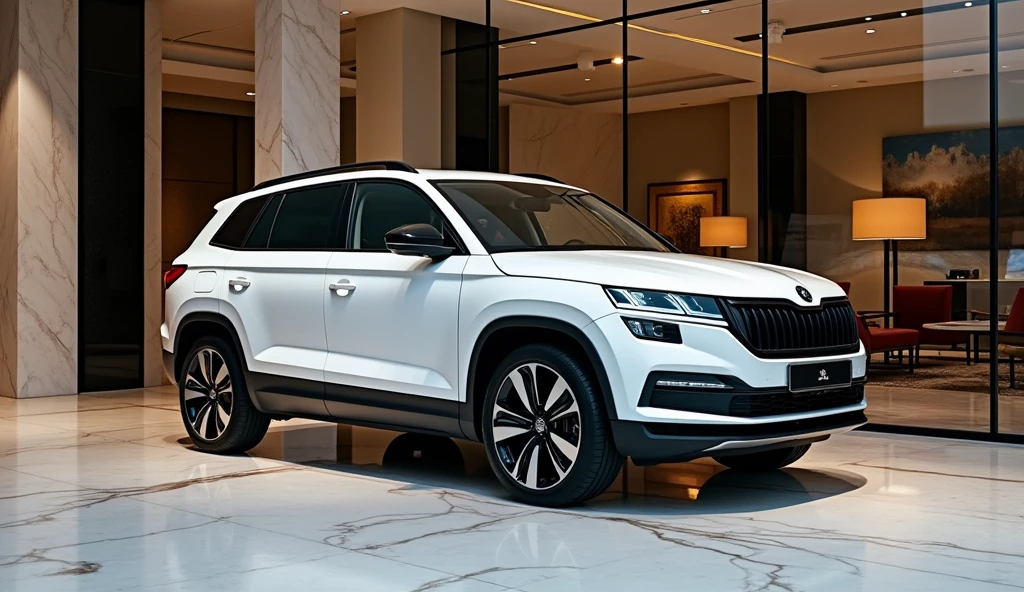 A side view of the luxurious New 2025 Skoda Kodiaq in a sleek white color, parked elegantly in a high-end showroom. The illuminated narrow headlamps highlight the modern and distinctive design, casting a refined glow that enhances the car’s sophisticated appeal. The Skoda logo is prominently visible on the side, adding a touch of brand prestige. The vehicle is equipped with luxurious rims that complement its upscale aesthetic, underscoring the premium quality of the design. The showroom setting is lavish, featuring polished marble floors, expansive glass walls, and contemporary decor, including stylish furniture and elegant lighting. This luxurious environment perfectly frames the modern and opulent presence of the Skoda Kodiaq.