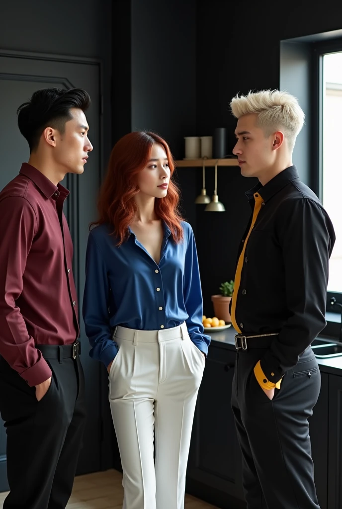 Two male models stand to the sides of a female model. The female is 170 cm, medium-long vibrant maroon wavy hair, pale skin, wearing a blue silk blouse and white pants. One male is 190 cm tall, 2, with short black bowl cut wavy hair, side swept bangs, wearing a dark red dress shirt and black pants, Chinese features. The other shorter male is 181 cm tall, 2, short platinum blond hair, side swept bangs, light skin, wearing a black and yellow gothic outfit, Icelandic features. The three of them are talking inside a modern black kitchen with some French inspiration. Cinematic shot.