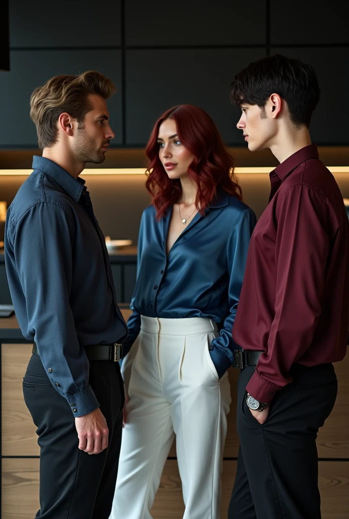 Two male models stand to the sides of a female model. The female is 170 cm, medium-long vibrant maroon wavy hair, pale skin, wearing a blue silk blouse and white pants. One male is 190 cm tall, 2, with short black bowl cut wavy hair, side swept bangs, wearing a dark red dress shirt and black pants, Chinese features. The other shorter male is 181 cm tall, 2, short platinum blond hair, side swept bangs, light skin, wearing a black and yellow gothic outfit, Icelandic features. The three of them are talking inside a modern black kitchen with some French inspiration. Cinematic shot.