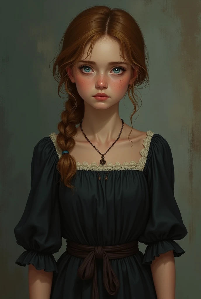At 16, Olivia's life was marked by significant hardship. Her days were filled with grueling farm work, and she wore simple, practical clothing that reflected her modest means. Despite the challenges, she carried herself with a quiet strength and resilience. Her blue eyes, though tired, were still full of determination and a glimmer of hope. Her chestnut-brown hair, though often unkempt from long days of labor, was worn with a subtle grace. Olivia’s appearance, though shaped by adversity, showcased her enduring spirit and the promise of a brighter future. She is live in Victorian era and she wearing old black dress.. it is older than 10 years.. she live with in her stepmother’s strict rules and and punishments