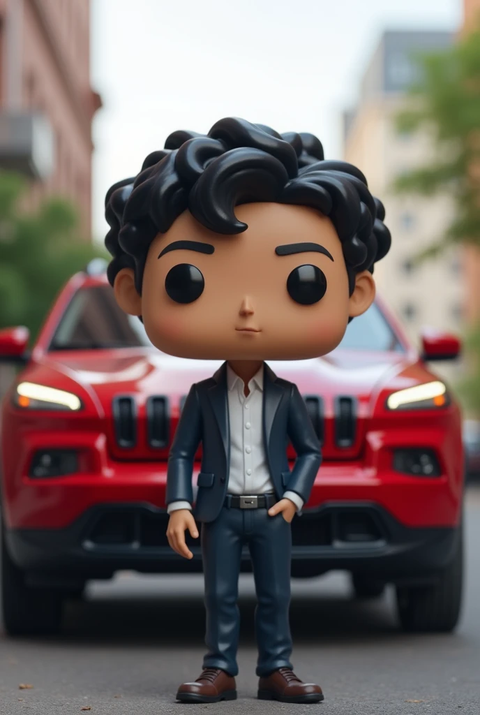 Young white-skinned male architect with curly wavy black hair next to a red 2016 Jeep Cherokee funko pop version