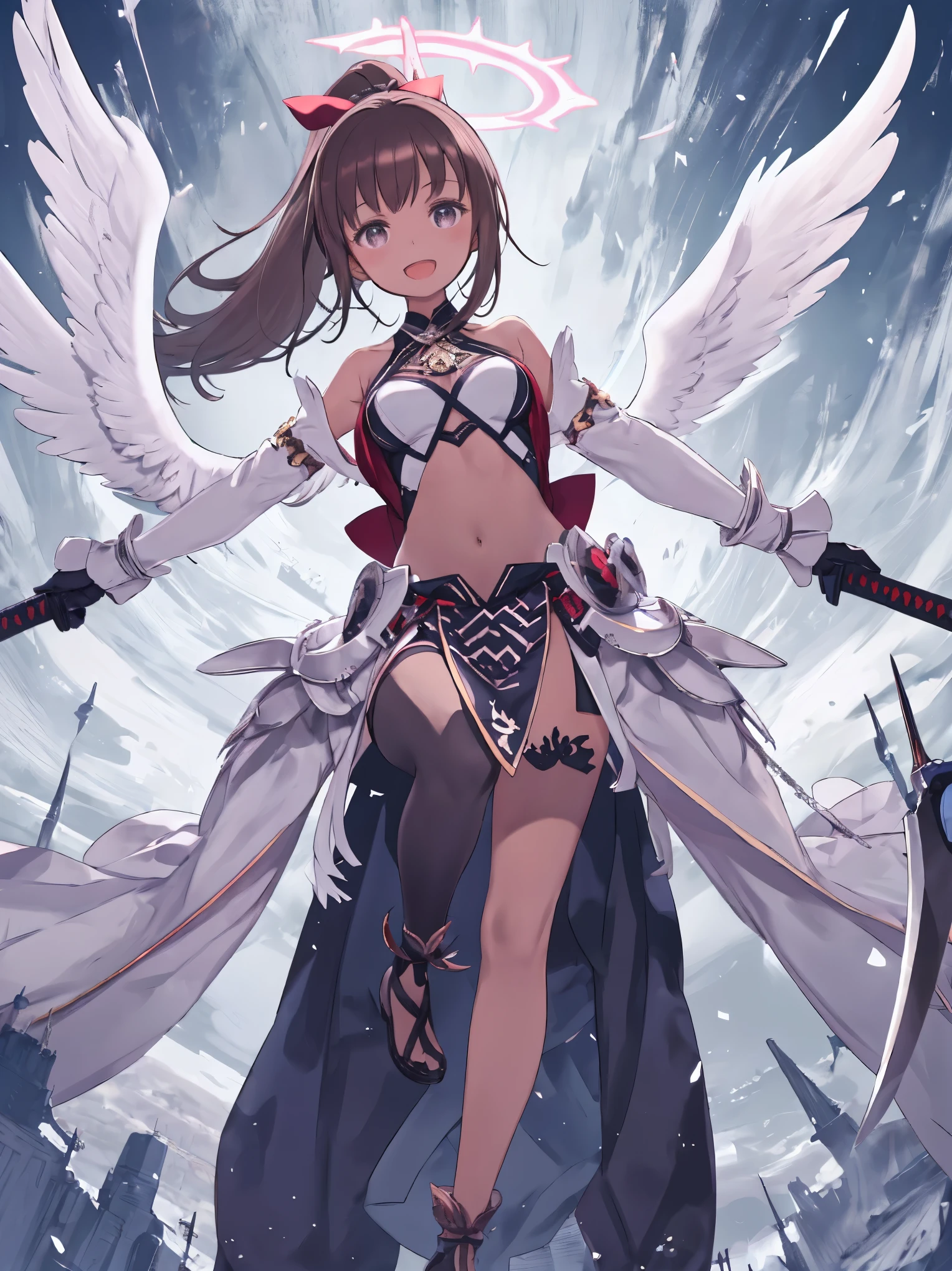 fantasy, 1angel_girl, low_, dark_brown_hair,ponytail,long_bangs, (dark_skin)+, bare_shoulder, navel out, thighhighs,silver_shiny_armor, white_clothes,waist_armor, Glebe, hold_swords_emits_light, medium_breasts, dynamic_flying_pose,Floating, (1pair_white_wings:1.2),(pelvic_curtain:1.3), silver_Headgear ,looking_down_at_sunset_city_sky_background,,slightly_spread_legs, some_swords_emits_light,some_swords_emits_light_floating_around_the_girl,solo,glare_halo,laugh ,smile,open_mouth,open_legs,open_arms,rise_knee,rise_leg,rise_thigh,rise_leg,forward_leaning_posture,apart_legs,